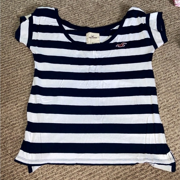 Hollister Tops - Hollister Womens Striped Tee in Navy and White Small Y2K